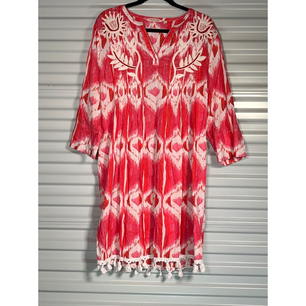 Soft Surroundings Pink Ikat Embroidered Tassel Tunic Dress 2FV66 XL